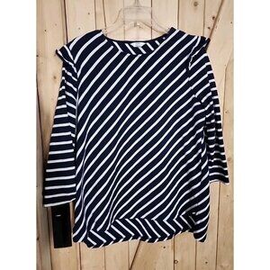Crown & Ivy Top Shirt Women's XXL Blue White Striped High Low Ruffle Shoulder